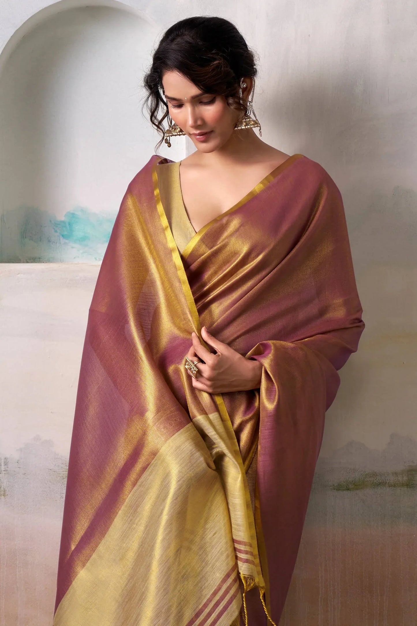 Dusty Pink Pure Handloom Tissue Silk Saree – Premium Designer Festive Wear Ensemble - House of ViDi