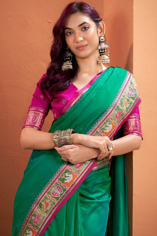 Green Patola Silk Saree with Traditional Weaving Border – Elegant Festive & Party Wear Saree - House of ViDi