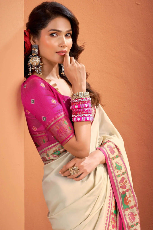 White Patola Silk Saree with Traditional Weaving Border – Elegant Festive & Party Wear Saree - House of ViDi