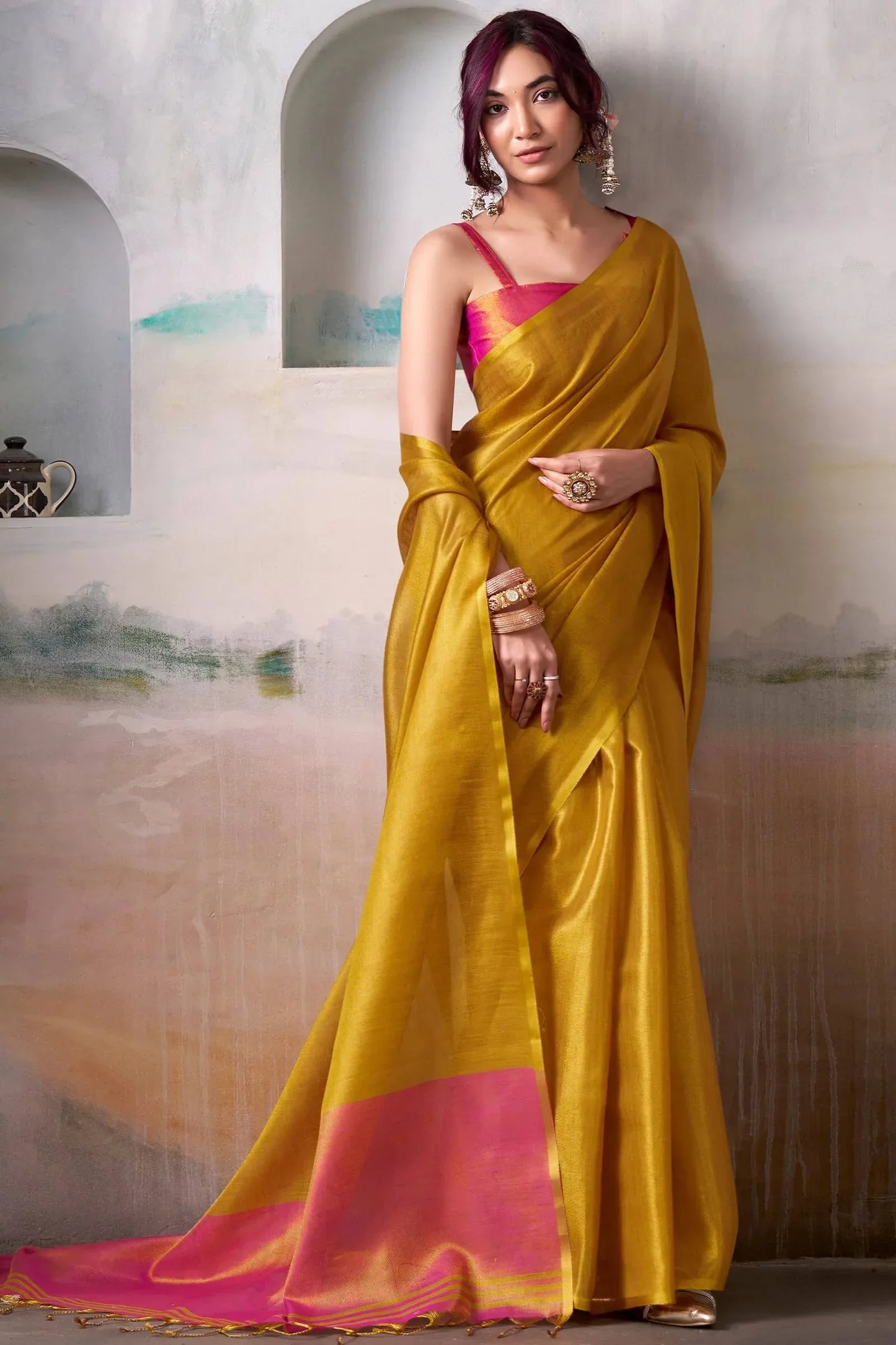 Yellow Pure Handloom Tissue Silk Saree – Premium Designer Festive Wear Ensemble - House of ViDi