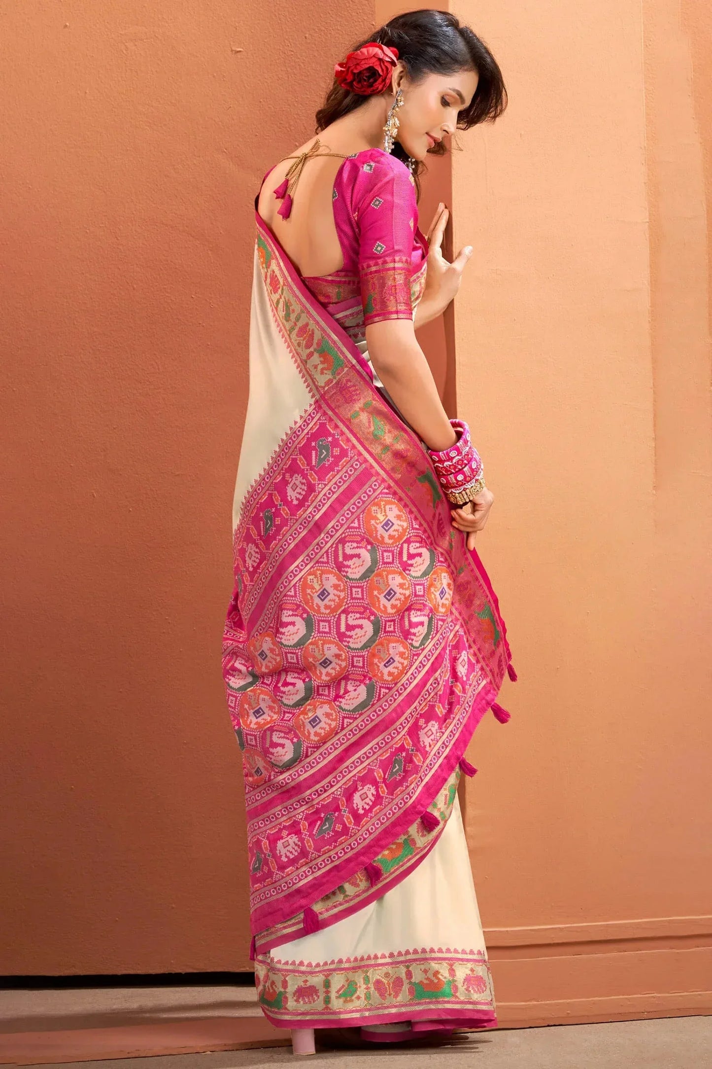 White Patola Silk Saree with Traditional Weaving Border – Elegant Festive & Party Wear Saree - House of ViDi