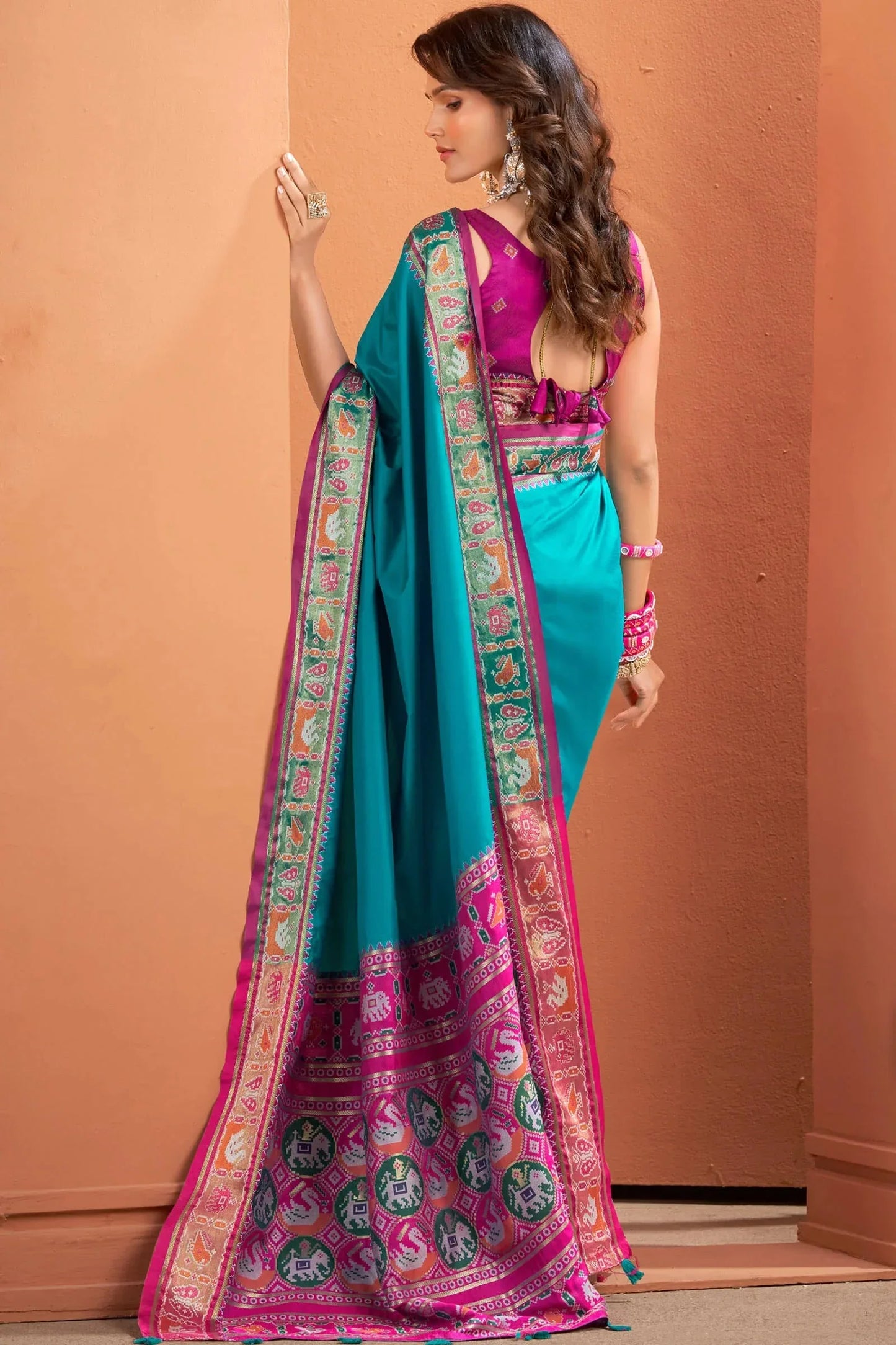 Firozi Patola Silk Saree with Traditional Weaving Border – Elegant Festive & Party Wear Saree - House of ViDi