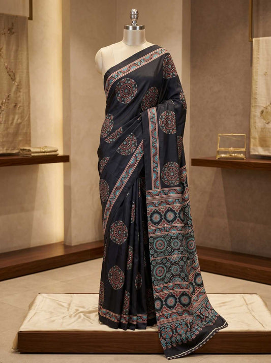 Black Premium Soft Crepe Silk Saree with Hand Mirror Work & Printed Blouse