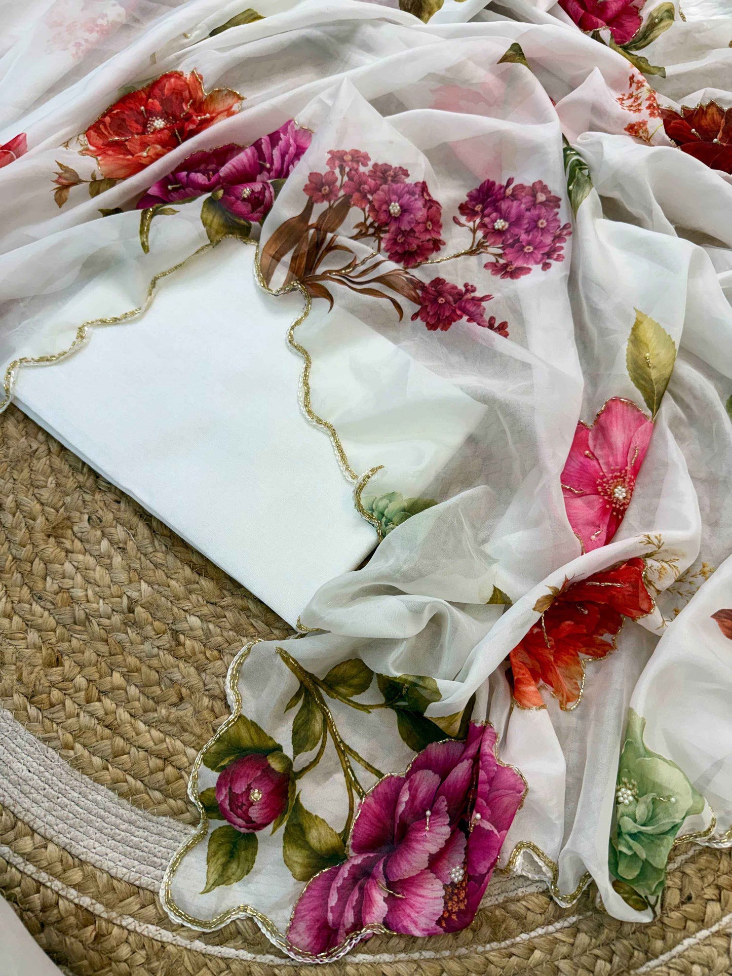 Premium Floral Digital Print Tabi Saree with Pearl & Cutdana Handwork