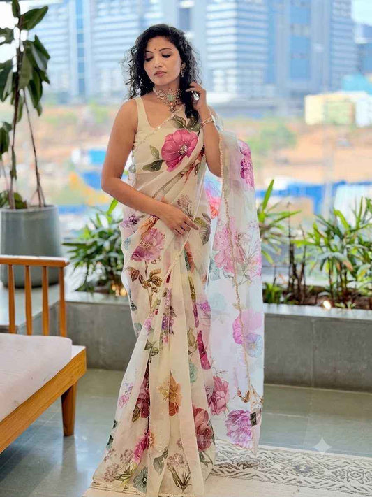 Premium Floral Digital Print Tabi Saree with Pearl & Cutdana Handwork