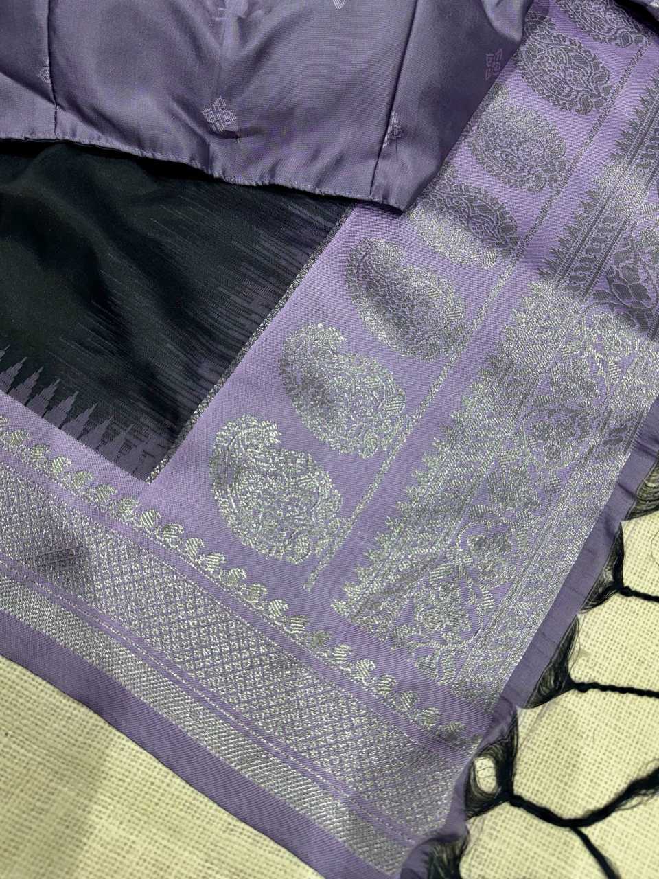Black Traditional Viscose Silk Jacquard Saree with Woven Border & Running Blouse