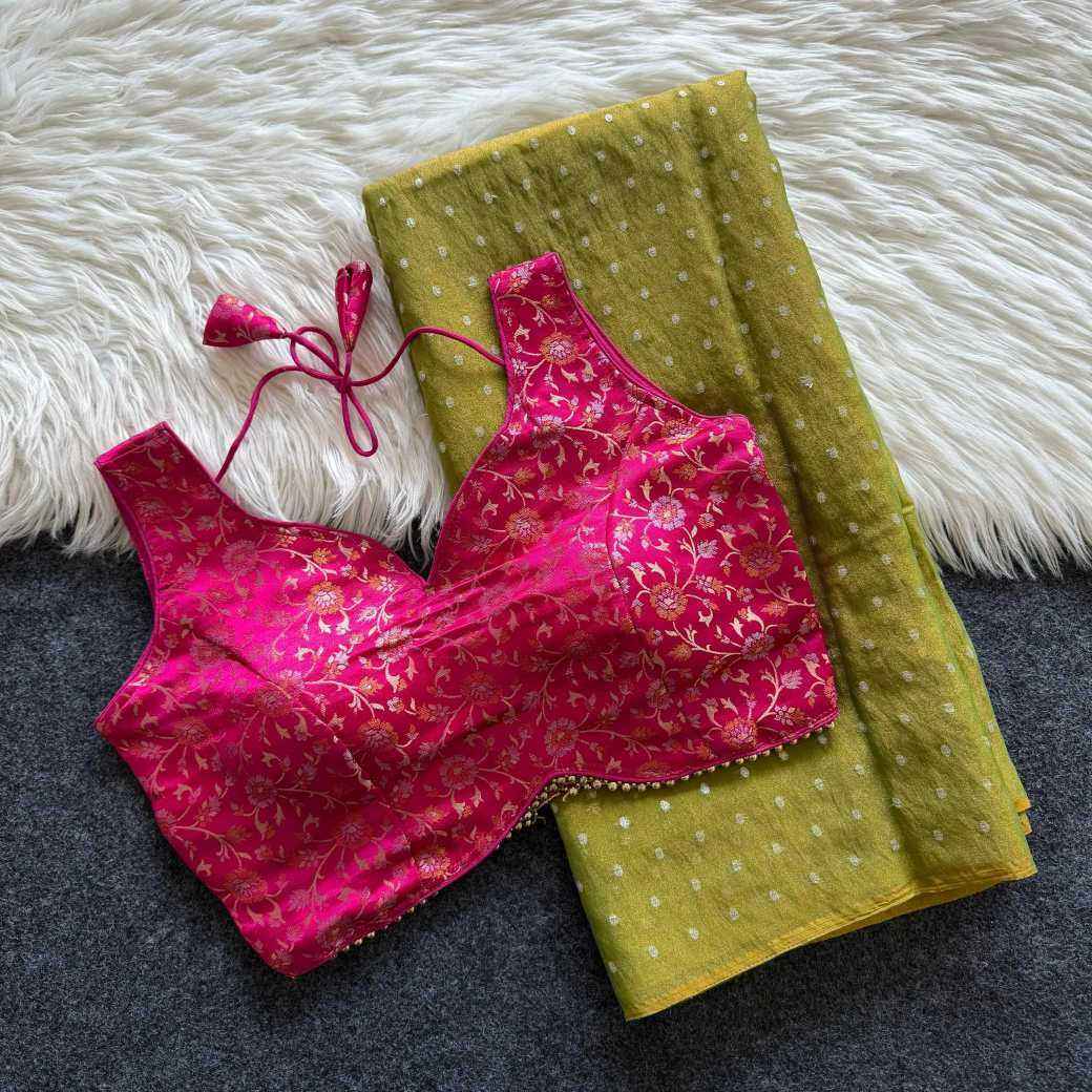Olive Tissue Zari Butta Saree with Banarasi Designer Stitched Blouse