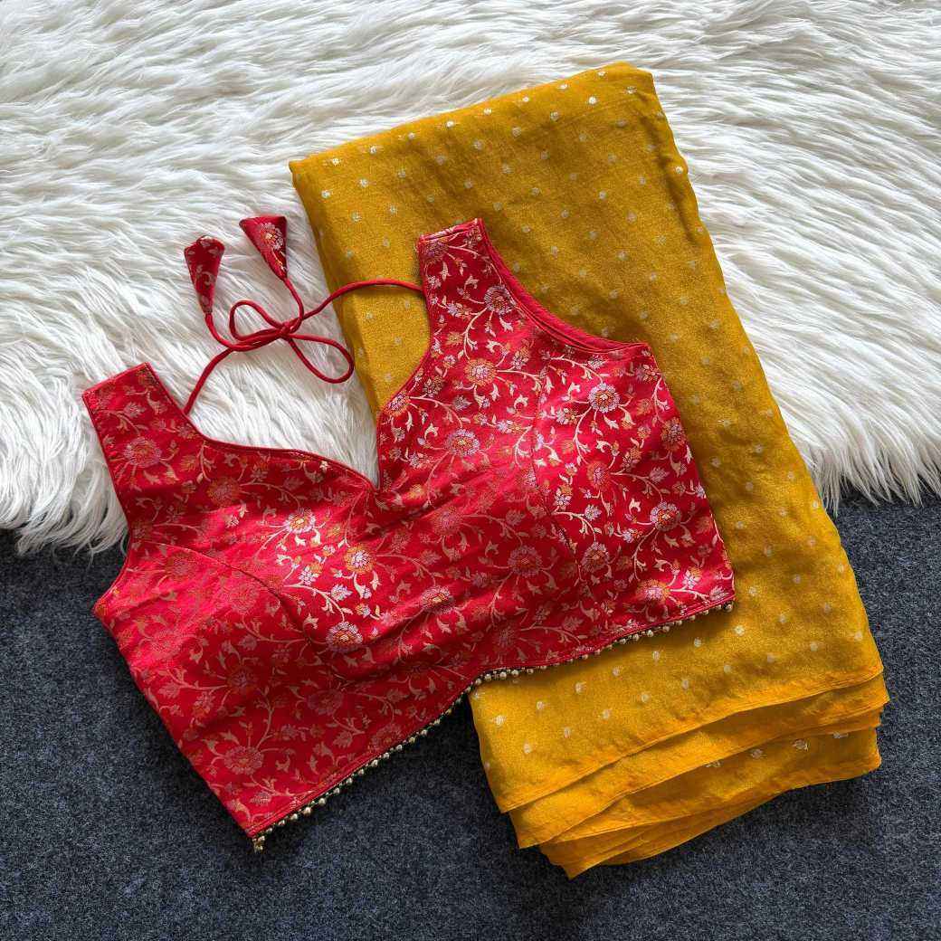 Yellow Tissue Zari Butta Saree with Banarasi Designer Stitched Blouse