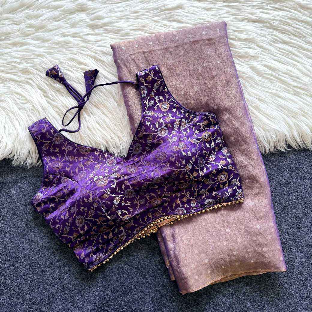 Lavender Tissue Zari Butta Saree with Banarasi Designer Stitched Blouse