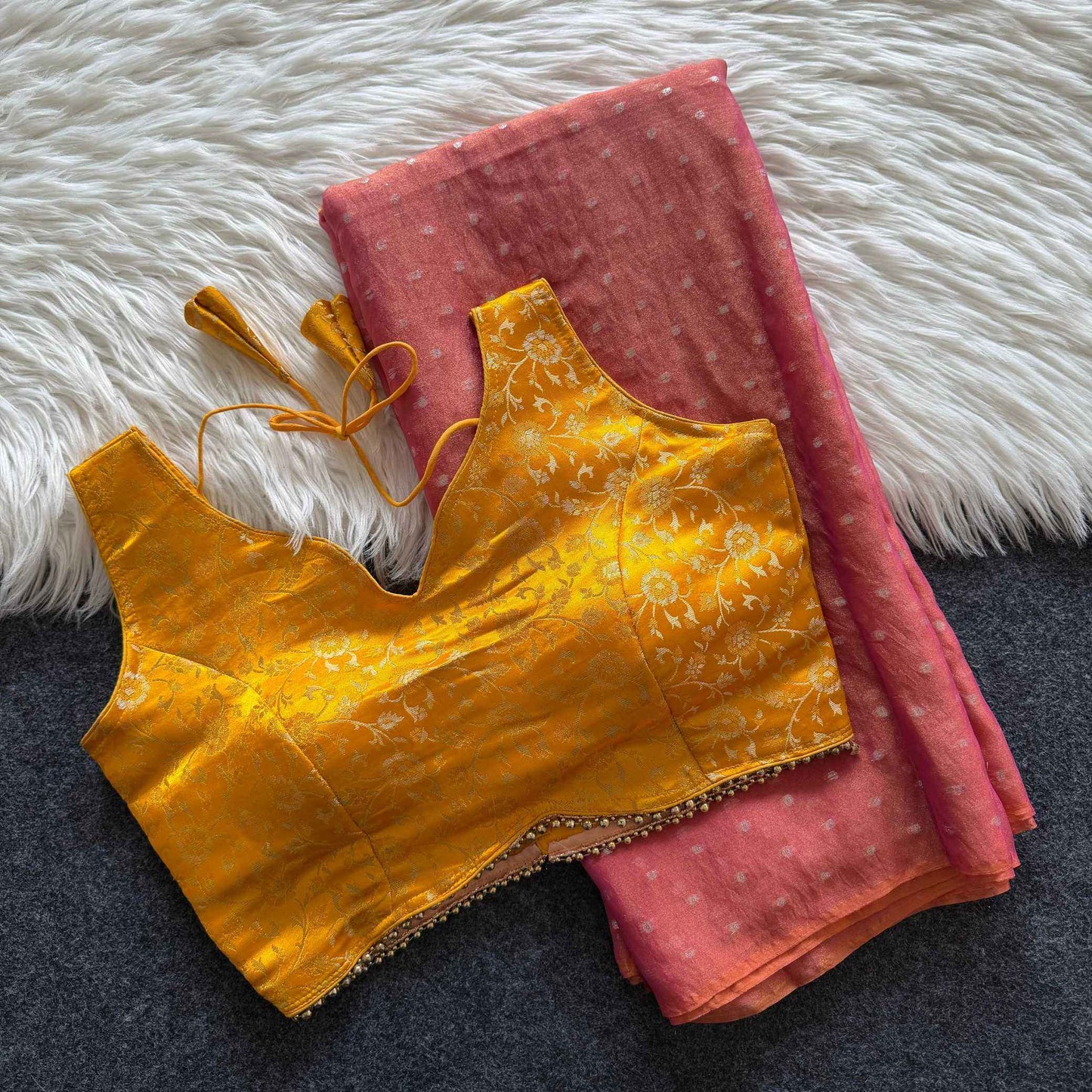 Baby Pink Tissue Zari Butta Saree with Banarasi Designer Stitched Blouse