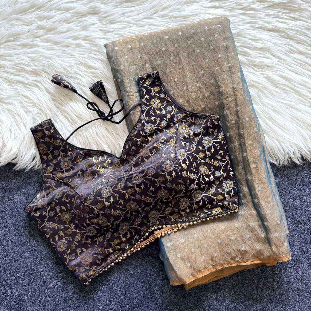 Grey Tissue Zari Butta Saree with Banarasi Designer Stitched Blouse