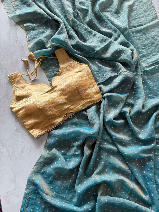 Sky Blue Tissue Zari Butta Saree with Banarasi Designer Stitched Blouse