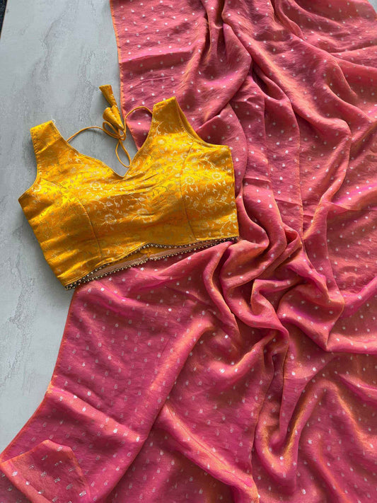 Baby Pink Tissue Zari Butta Saree with Banarasi Designer Stitched Blouse