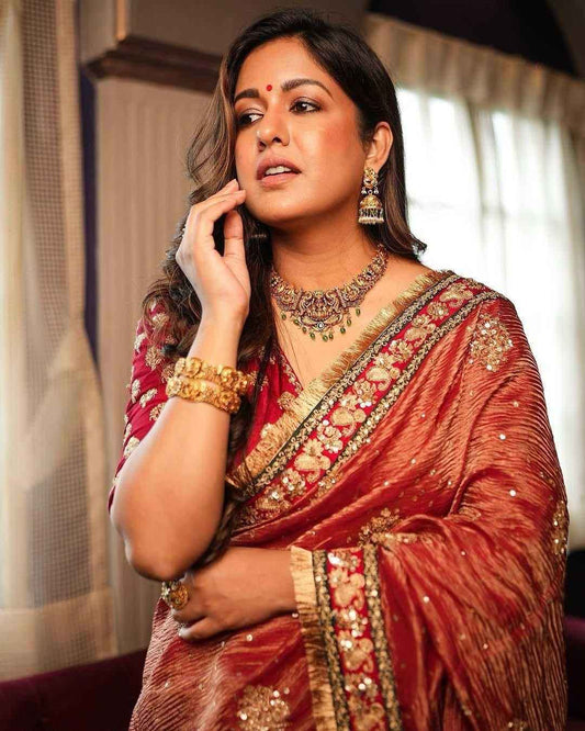 Premium Banarasi Crush Saree with Embroidery, Sequins & Coding Work