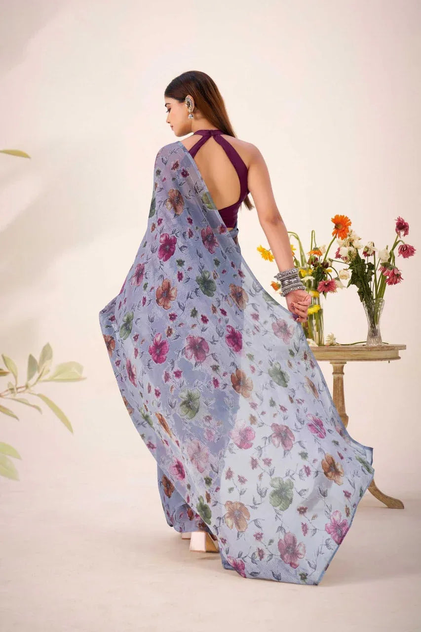Lavendar Floral Viscose Brasso Designer Saree with Natural Silk Blouse | Festive Wear | House of ViDi - House of ViDi