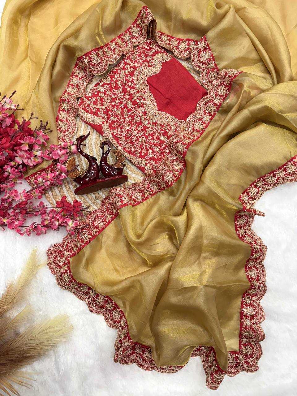 Premium Zoya Gold Tissue Saree – Sequin & Cording Embroidery with Heavy Banglori Blouse - House of ViDi