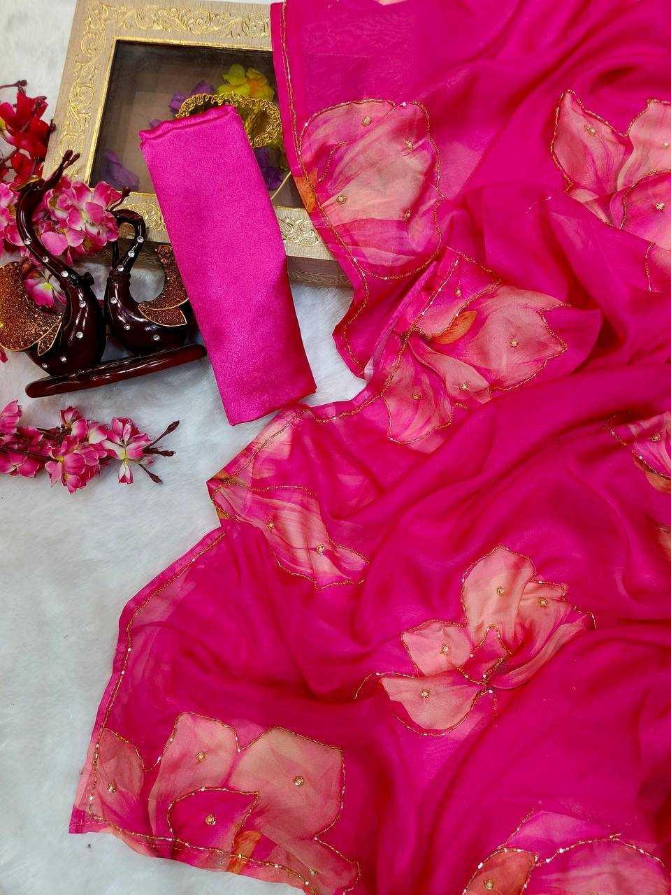 Pink Organza Saree with Floral Print & Katdana Work - House of ViDi