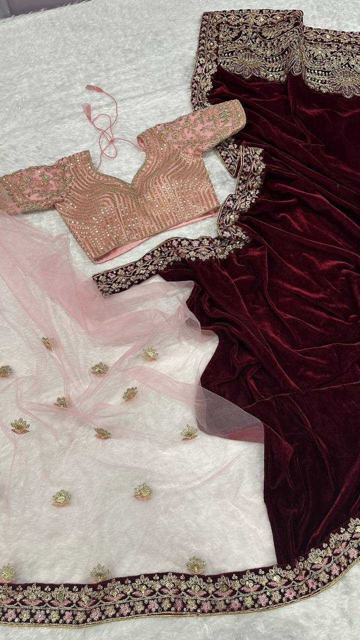 Designer Velvet & Net Saree with Sequins, Thread & Dori Work – Maroon & Nude Contrast