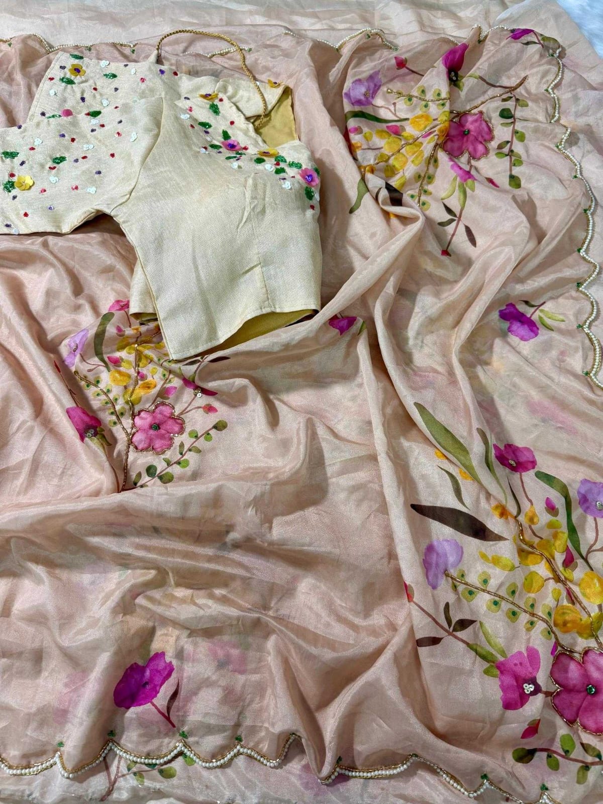 Tabby Silk Printed Saree with Handwork & Designer Blouse – Fresh Floral Elegance - House of ViDi