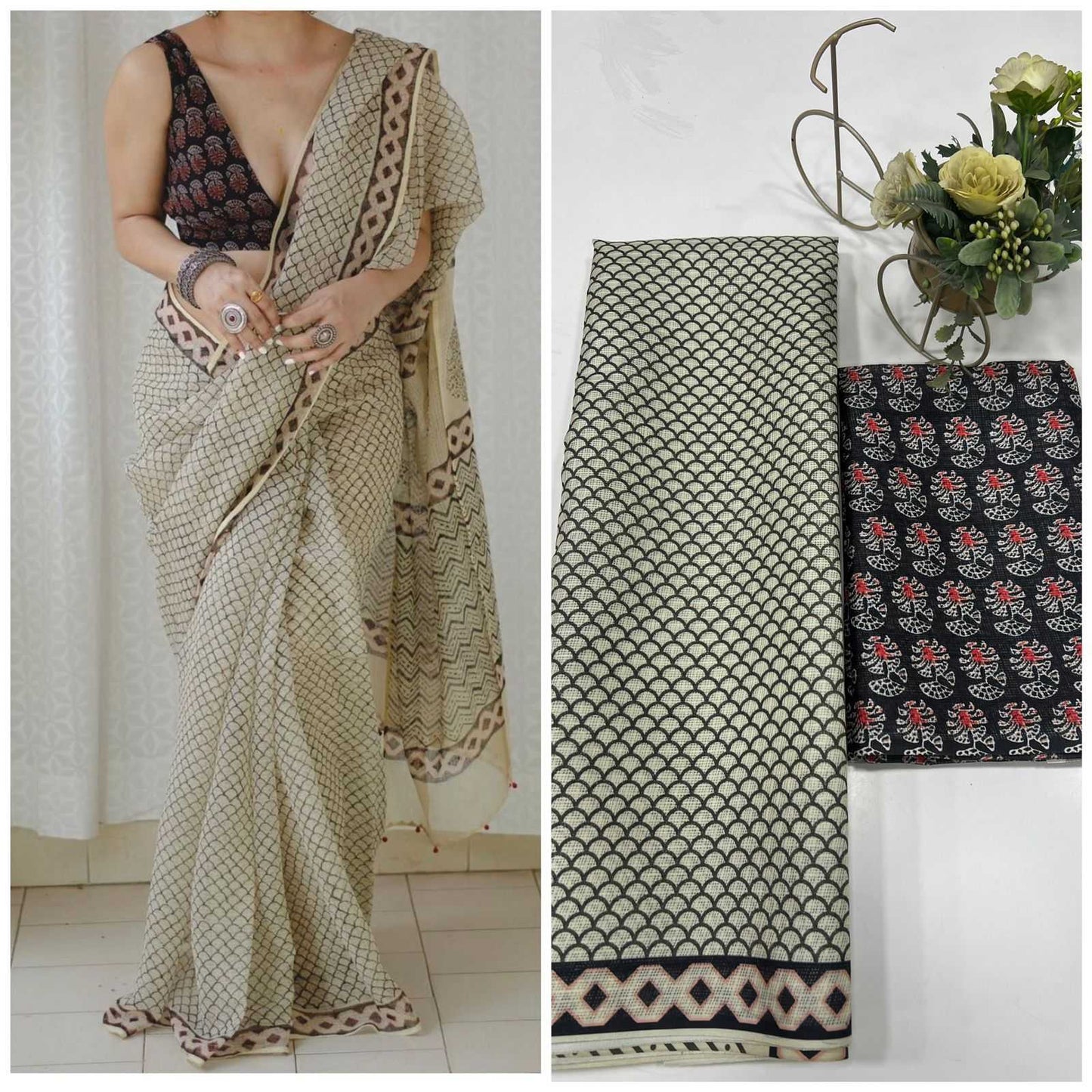 Grey Soft Kota Cotton Printed Saree with Contrast Blouse - House of ViDi