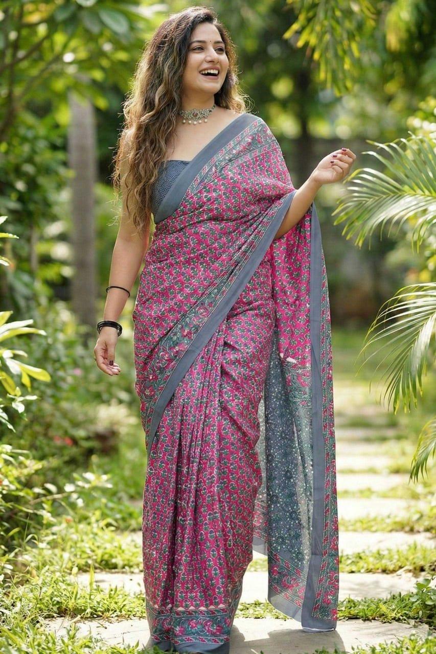 Onion Bagru Block Print Mulmul Cotton Saree with Matching Blouse – Handcrafted Jaipur Ajrakh - House of ViDi