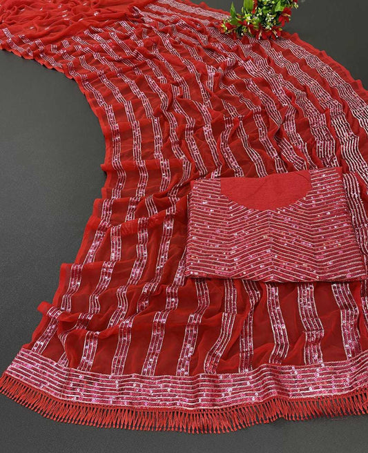 Red Georgette Sequin Work Saree with Embroidered Blouse