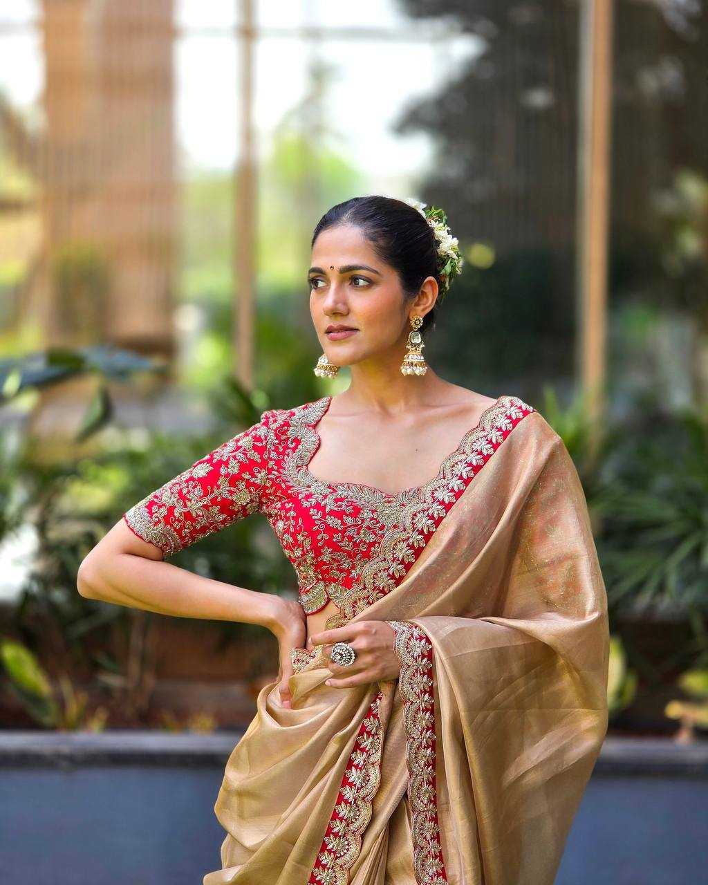 Premium Zoya Gold Tissue Saree – Sequin & Cording Embroidery with Heavy Banglori Blouse - House of ViDi