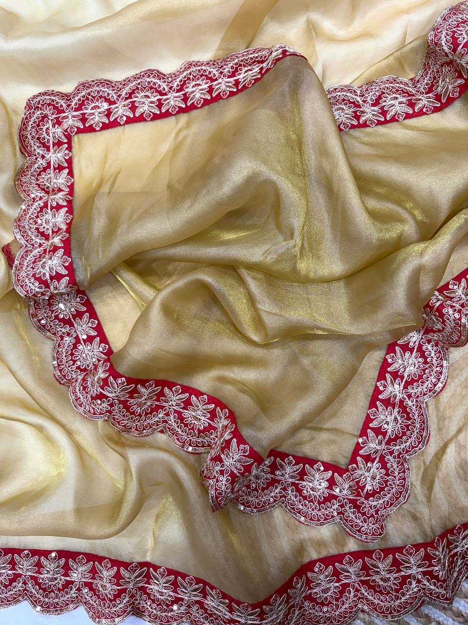 Premium Zoya Gold Tissue Saree – Sequin & Cording Embroidery with Heavy Banglori Blouse - House of ViDi