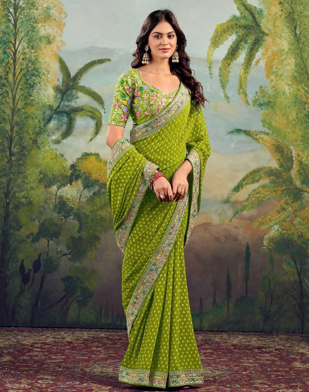 Green Printed Georgette Saree with Embroidery Lace Border & Designer Blouse - House of ViDi