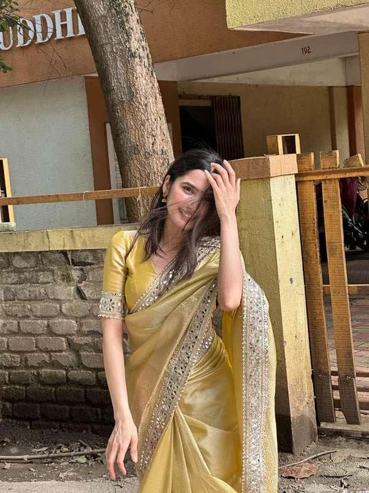 Mustard Yellow Tussar Organza Saree with Mirror Work - House of ViDi