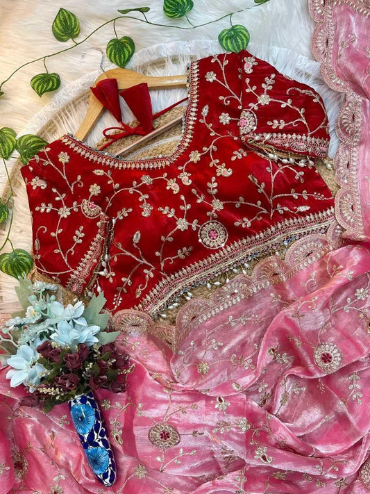 Red Fendy Satin Saree with Sequin Embroidery & Blouse - House of ViDi