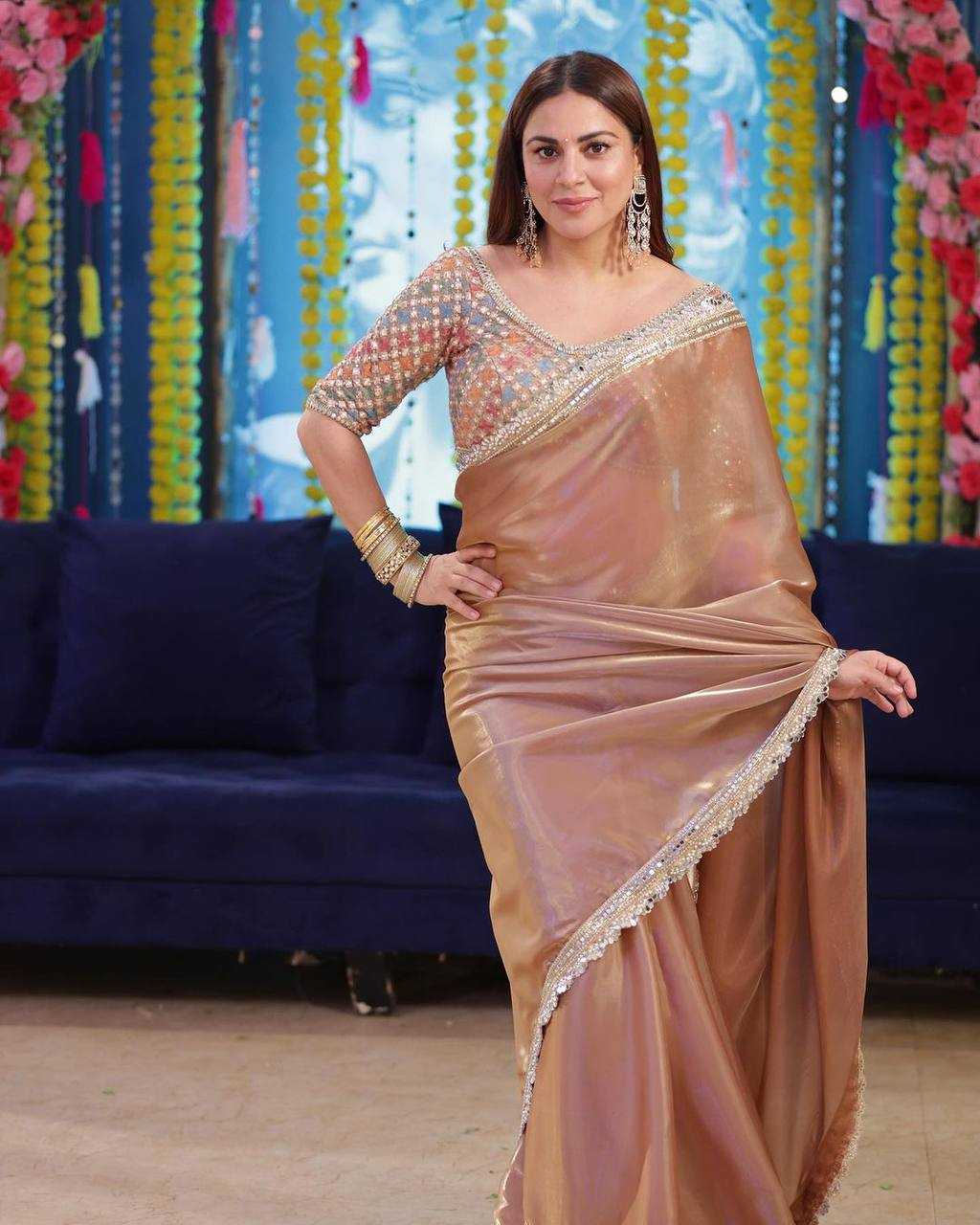 Jimmy Choo Dusty Gold Sequin & Embroidered Saree – Designer Party Wear
