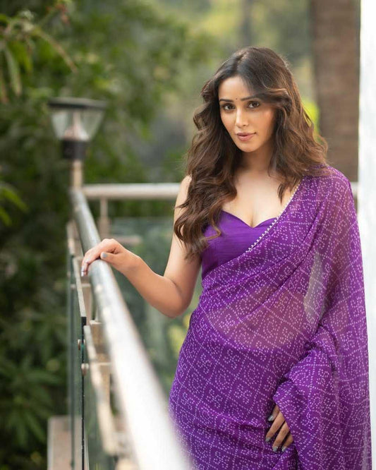 Purple Ready-to-Wear Printed Georgette Saree with Blouse - House of ViDi