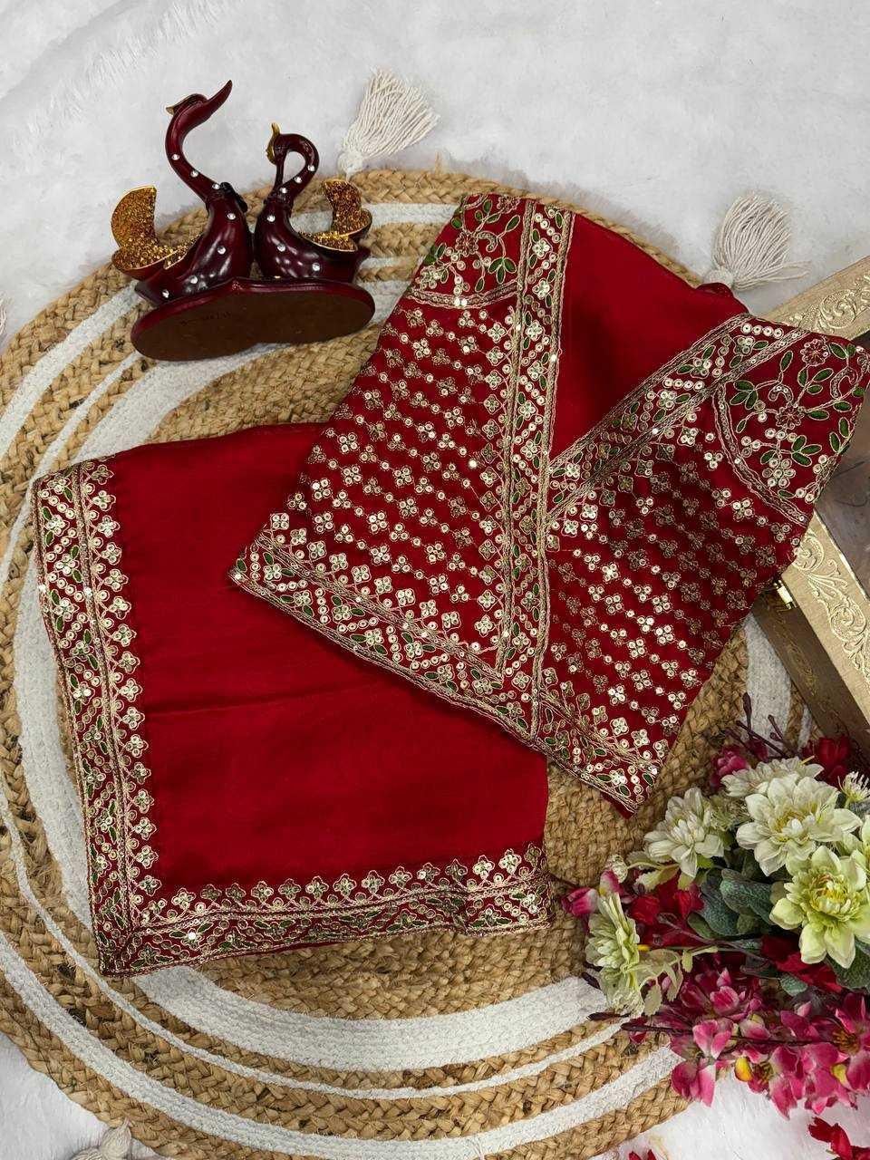 Red Rangoli Silk Party Wear Saree with Sequins & Embroidery Lace Border | Designer Fancy Saree - House of ViDi