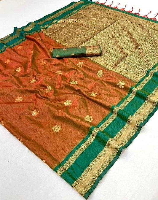 Orange Tussar Silk Handloom Weaving Saree with Rich Zari Border – Perfect for Festivals & Celebrations - House of ViDi