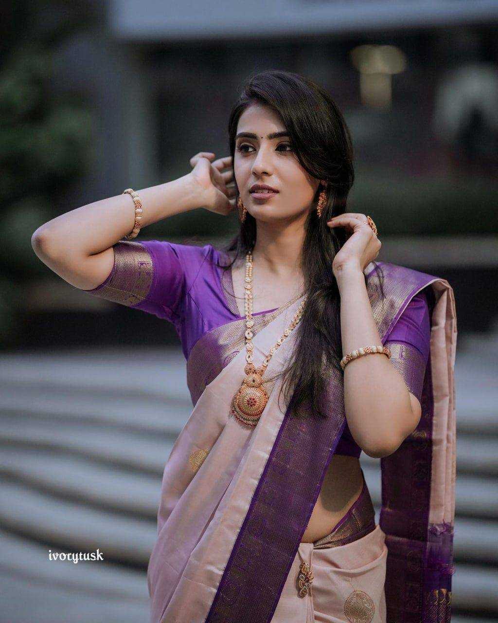 Soft Lichi Silk Saree with Rich Jacquard Border – Elegant Party & Wedding Wear - House of ViDi