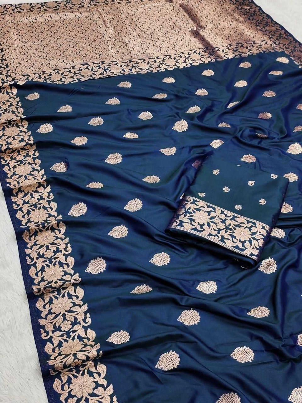 Navy Blue Soft Silk Saree with Rich Pallu & All-Over Butta | Pure Katan Look | Traditional Designer Silk Saree - House of ViDi