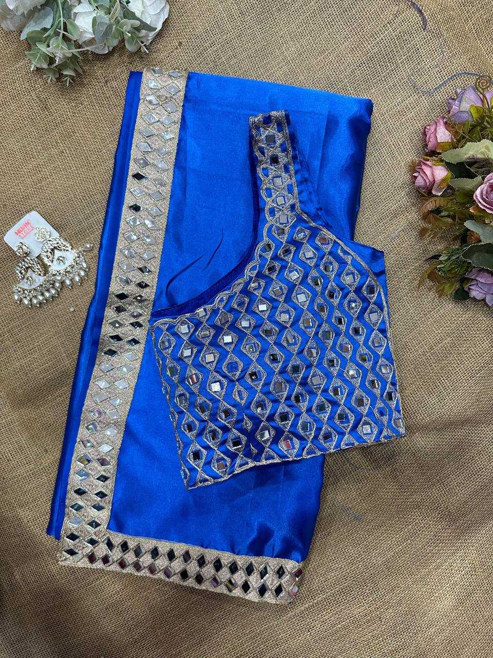 Rakul Preet Inspired Blue Satin Silk Mirror Work Saree – Designer Party Wear Saree with Embroidered Mirror Blouse