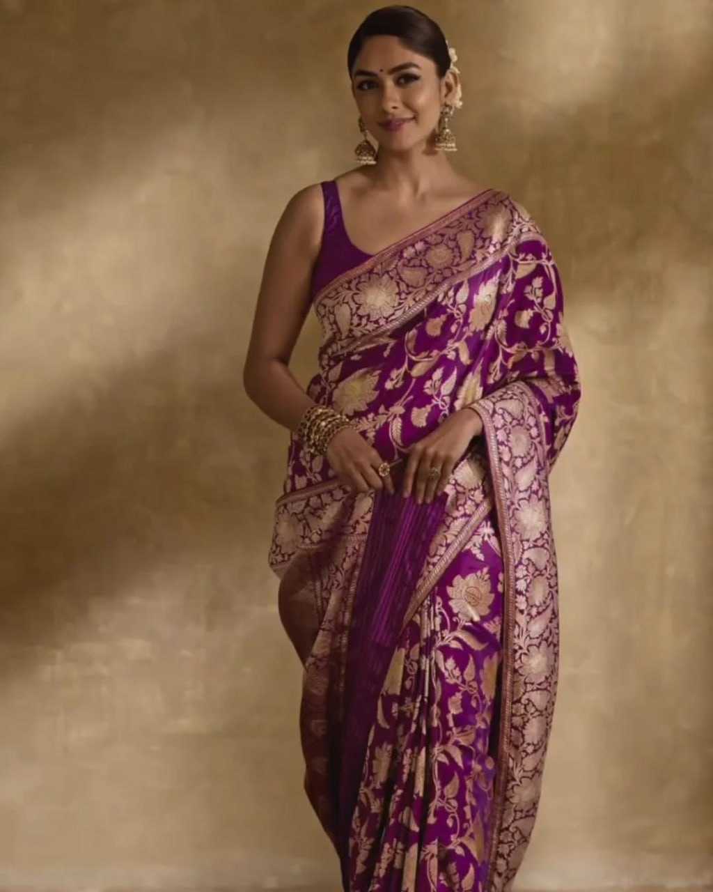 Mrunal Thakur Style Regal Purple Banarasi Silk Saree with Golden Zari Floral Weaves – Celebrity Wedding Wear - House of ViDi