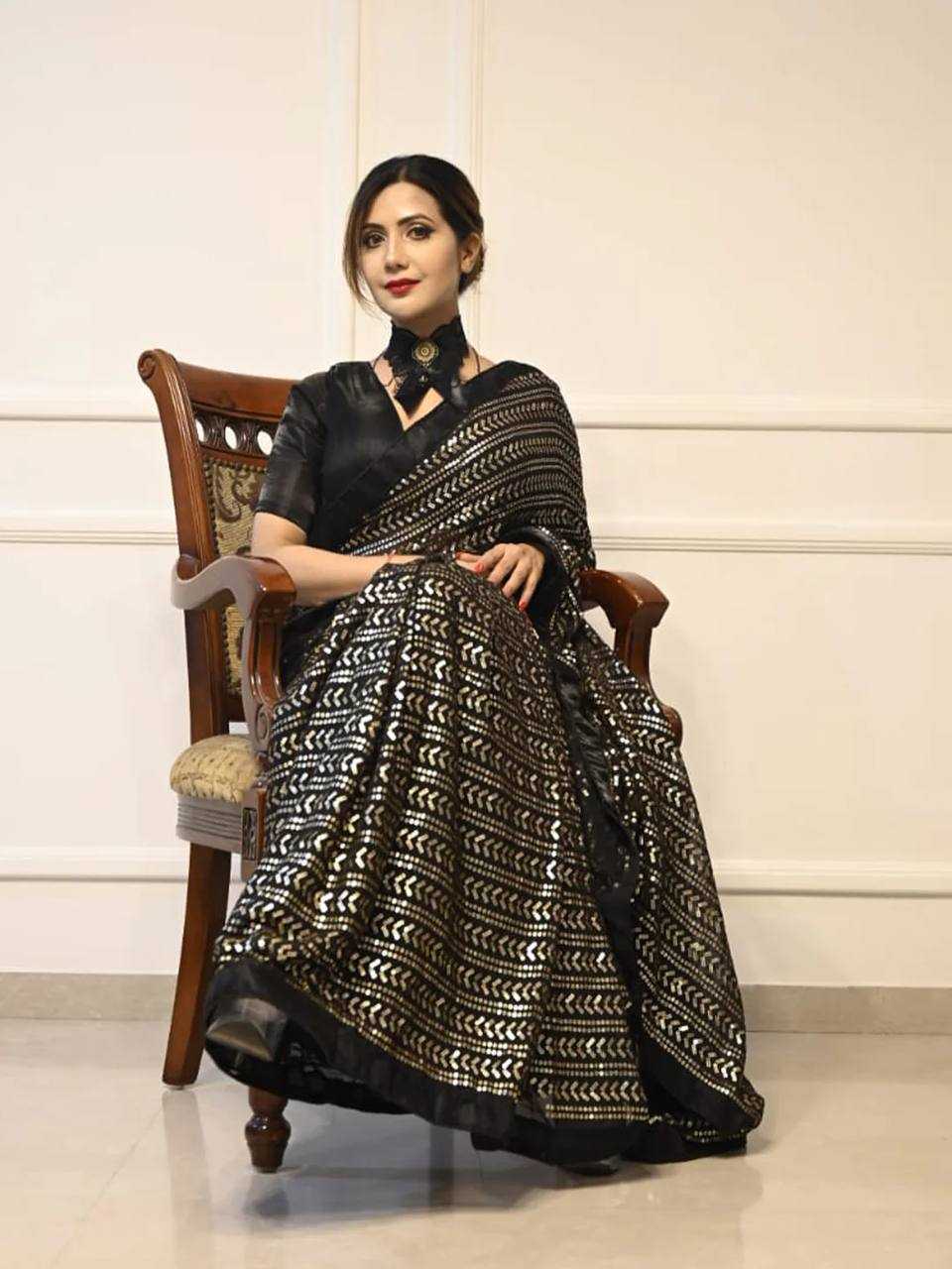 Black Georgette Sequin Saree with Banglori Satin Blouse – Glamorous Party & Evening Wear - House of ViDi