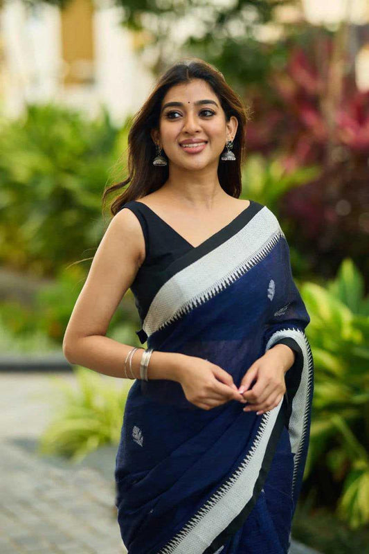 Navy Blue Premium Linen Cotton Digital Print Saree with Matching Blouse - House of ViDi
