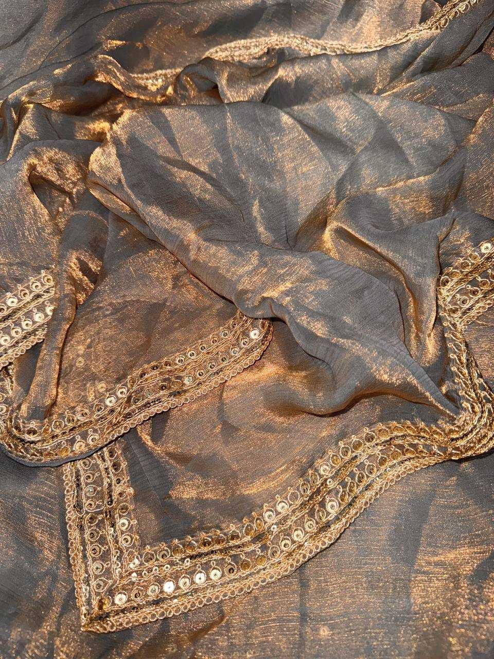 Tamannaah Bhatia Inspired Metallic Grey Chiffon Saree with Dual Sequin & Dori Embroidery - House of ViDi