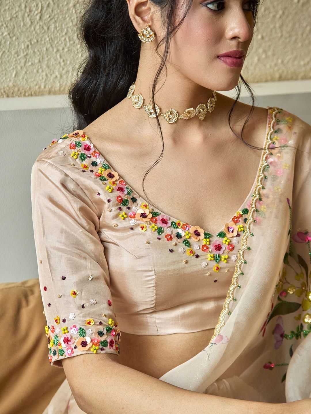 Tabby Silk Printed Saree with Handwork & Designer Blouse – Fresh Floral Elegance - House of ViDi