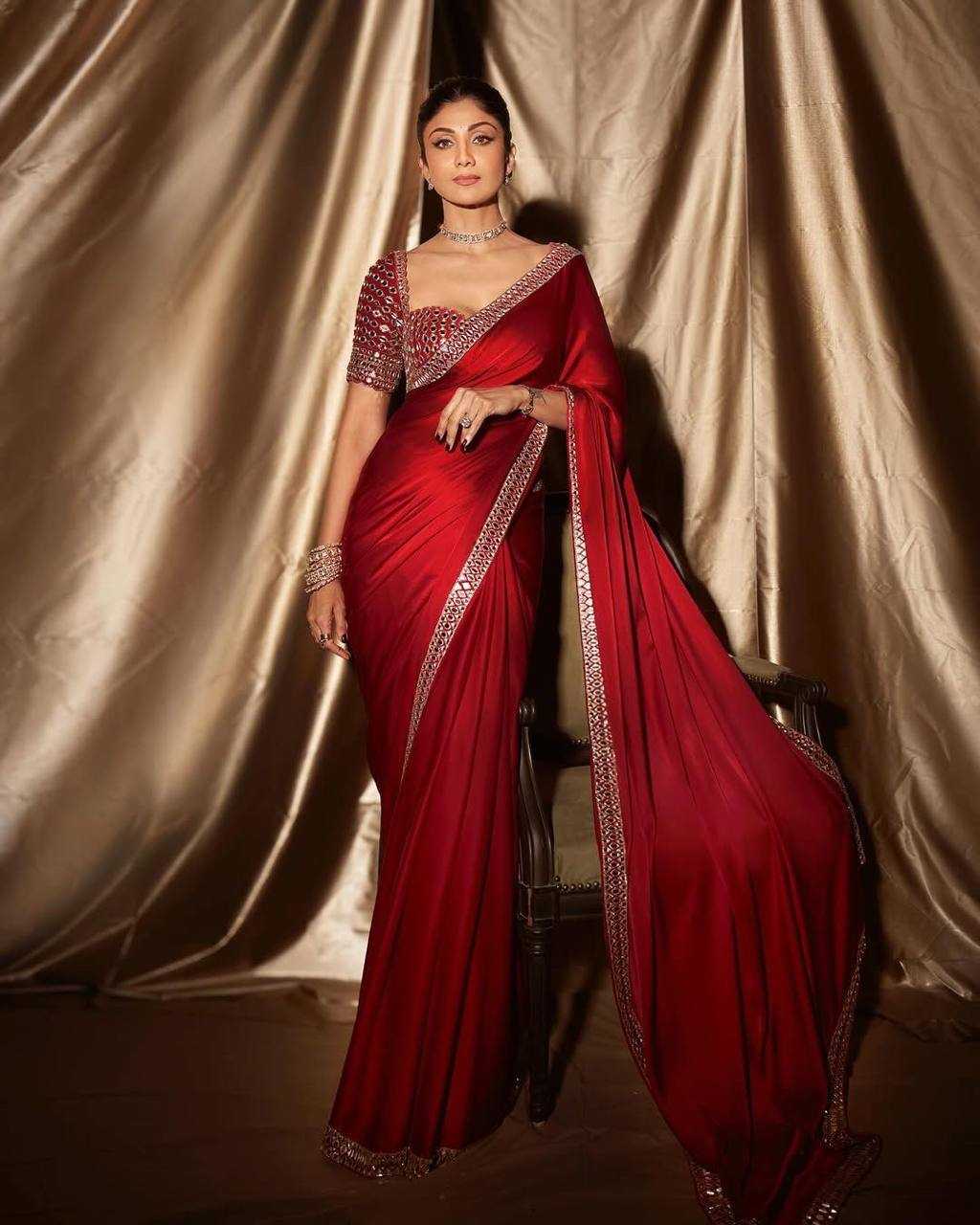 Shilpa Shetty Inspired Red Satin Silk Mirror Work Saree – Designer Party Wear Saree with Embroidered Mirror Blouse
