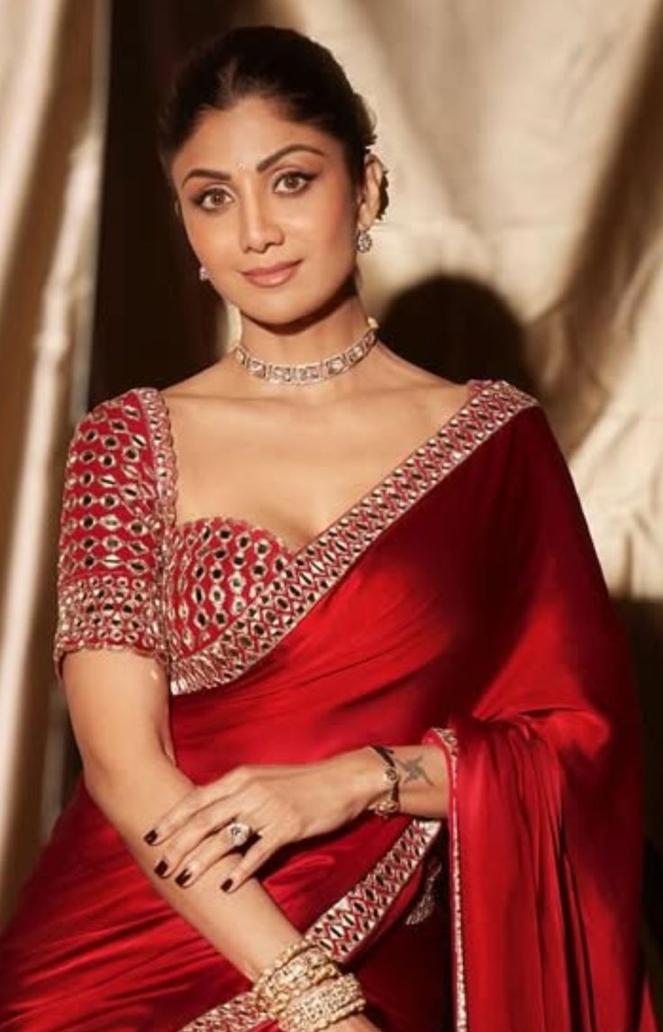 Shilpa Shetty Inspired Red Satin Silk Mirror Work Saree – Designer Party Wear Saree with Embroidered Mirror Blouse