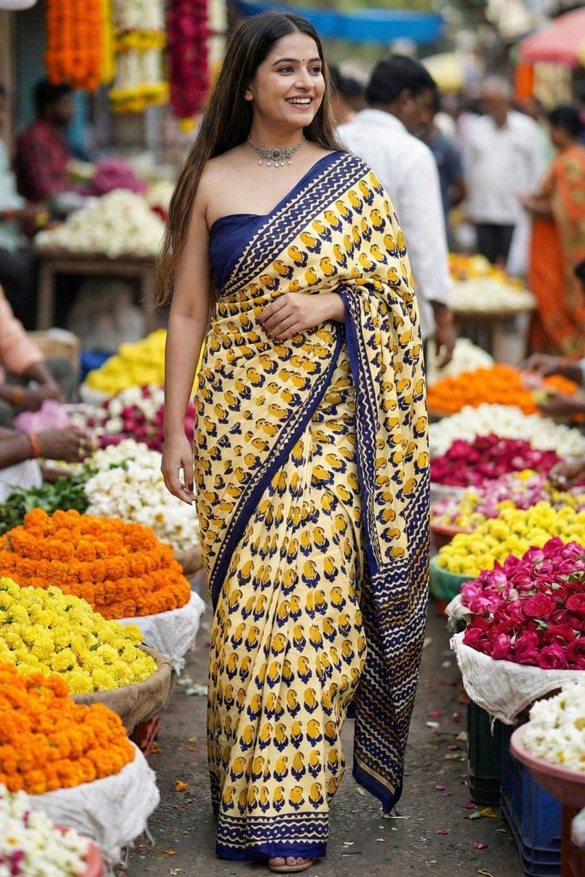 Mustard Premium Ajrakh Block Print Mulmul Cotton Saree with Blouse - House of ViDi
