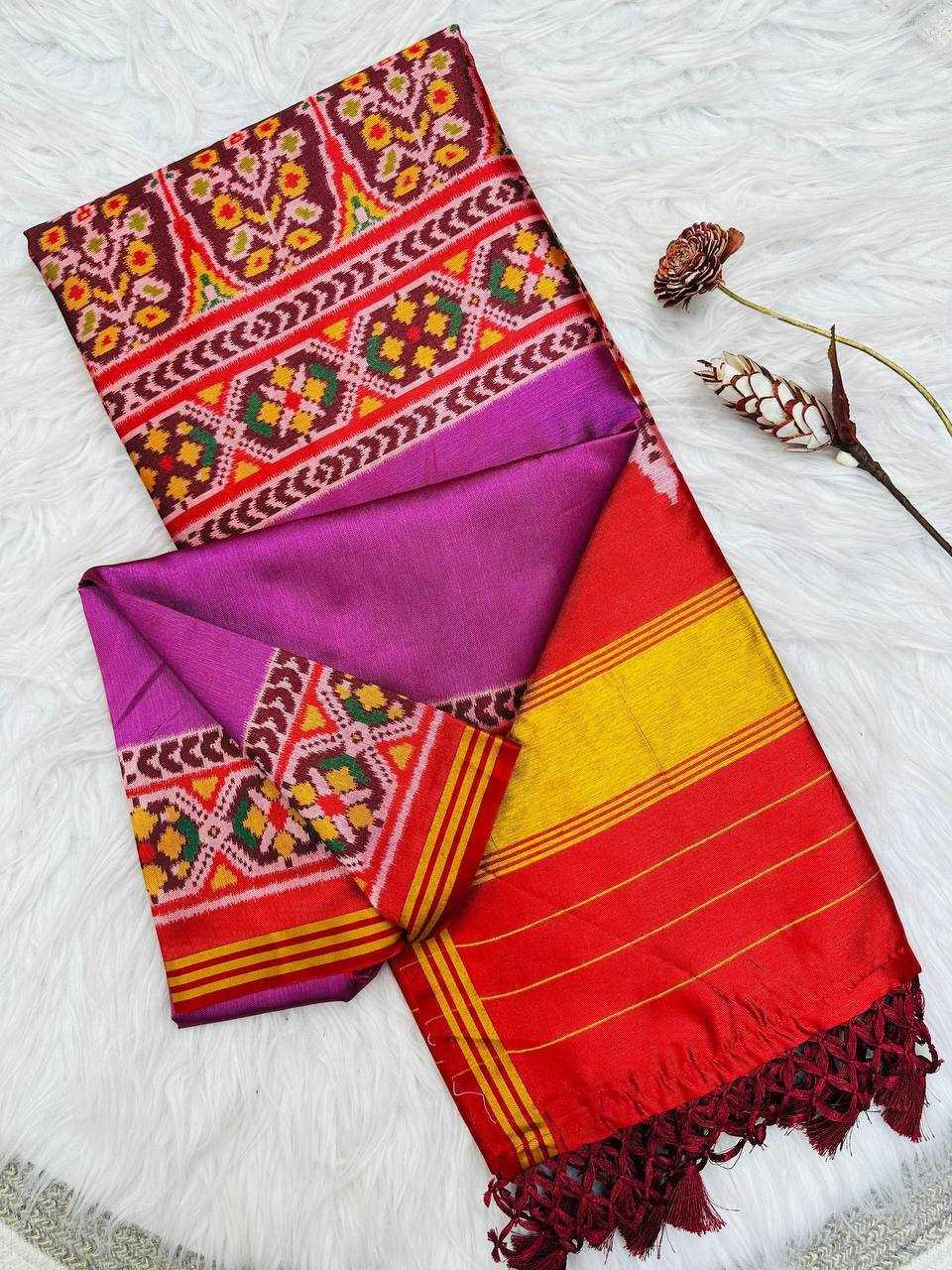 Pink Pure Patola Silk Saree with Double Ikkat Print, Lagadi Pallu & Zari Border | Premium Soft Silk Saree - House of ViDi
