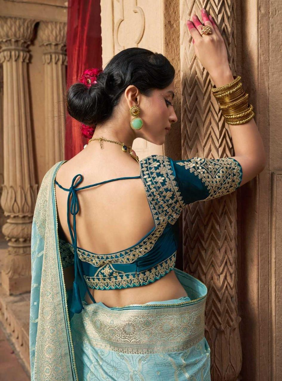 Sky Blue Pure Satin Designer Saree with Lace Border & Heavy Embroidered Contrast Blouse | Party & Traditional Wear - House of ViDi