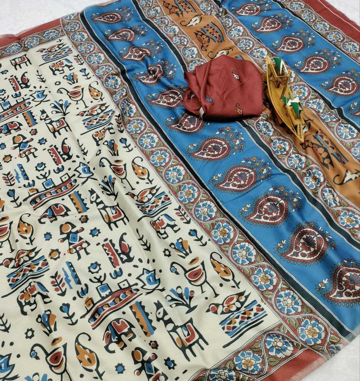 Off White Warli x Kalamkari Edition Soft Silk Saree with Designer Pallu & Zari Border – Premium Soft Silk Saree - House of ViDi