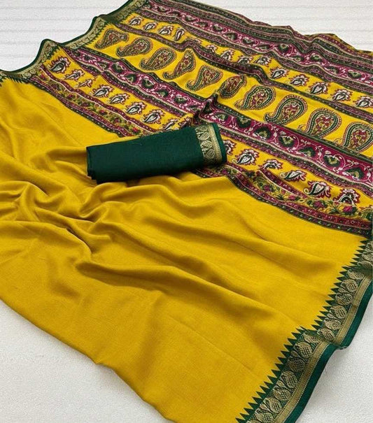 Green Dola Silk Kalamkari Inspired Designer Saree with Zari Woven Blouse - House of ViDi